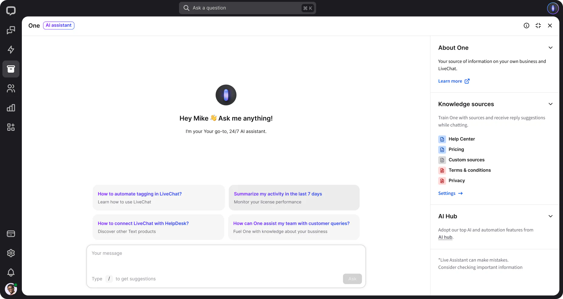 Copilot, Ihr KI-Assistent, innerhalb der LiveChat® App.
